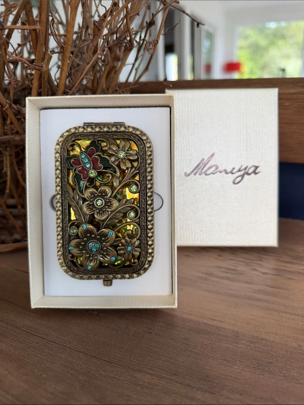 Amulya Brass Tone Floral Compact Mirror with Gem Accents